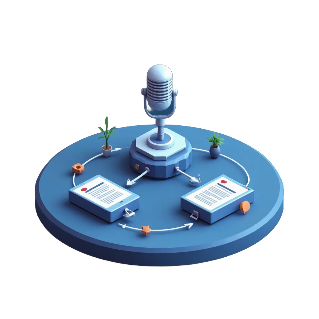 Illustration of real-time clinical conversation processing into structured documentation outputs.